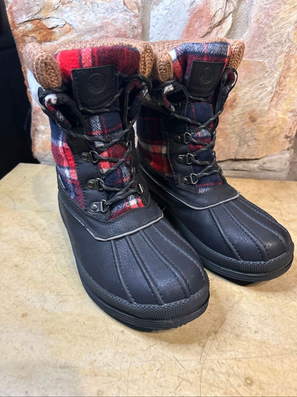 Tamarack Womens Navy Blue Red Plaid Waterproof Duck Boots Knit Collar Size 9M
